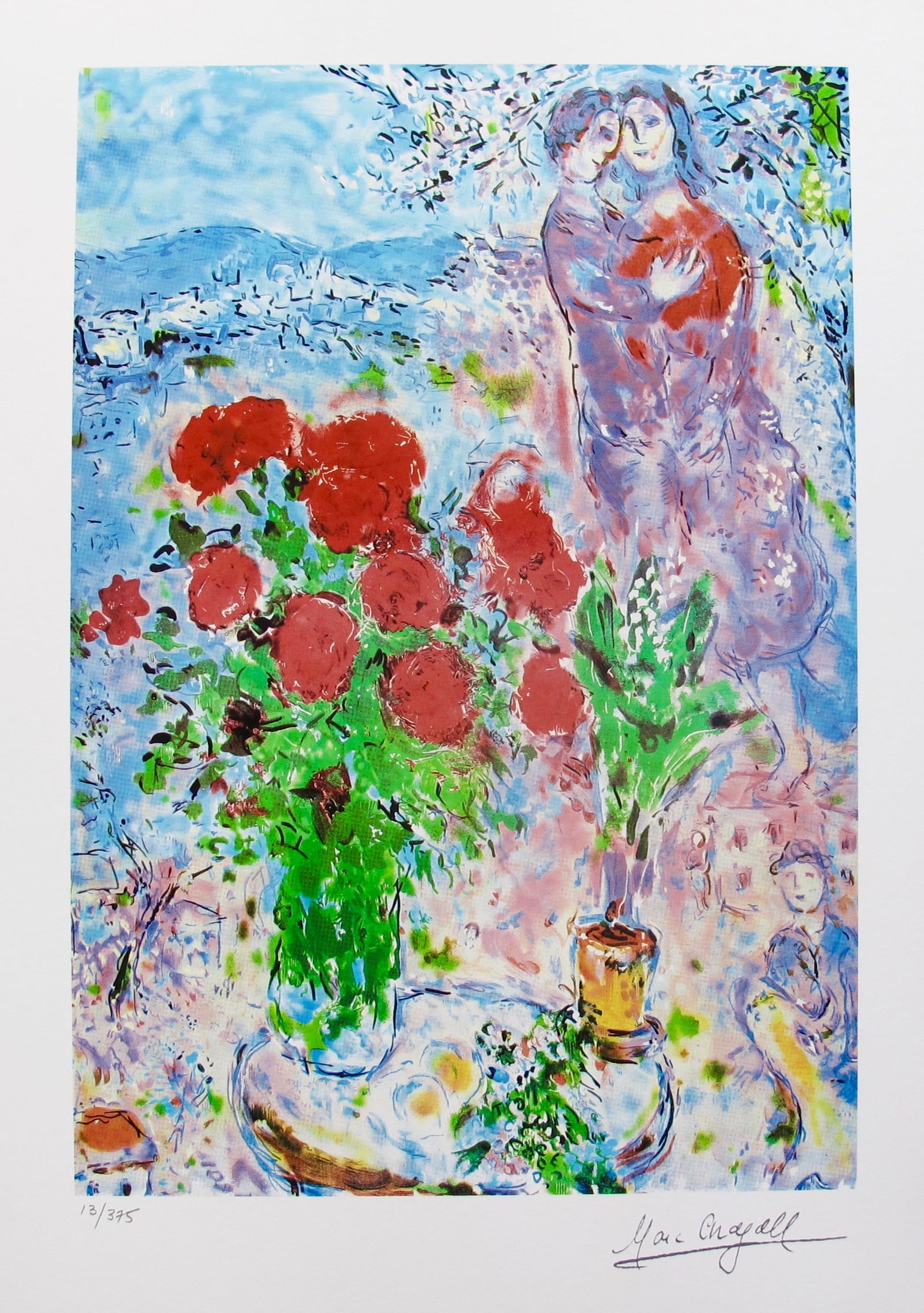 Marc Chagall RED BOUQUET WITH LOVERS Facsimile Signed Limited Edition Giclee: This is a Marc Chagall limited edition small giclee titled Red Bouquet with Lovers. This giclee is facsimile signed on the lower right and is pencil numbered on the lower left from an edition of 375. 