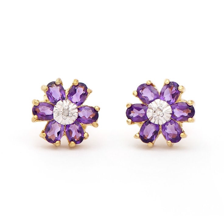 Plated 18KT Yellow Gold 1.92cts Amethyst and Diamond Earrings: One pair of Plated 18KT Yellow Gold 1.92cts Amethyst and Diamonds Earrings. (12) Violet Amethyst stones with a total weight of 1.9cts. (2) diamonds with a total of 0.02cts with a color of H-I and clar