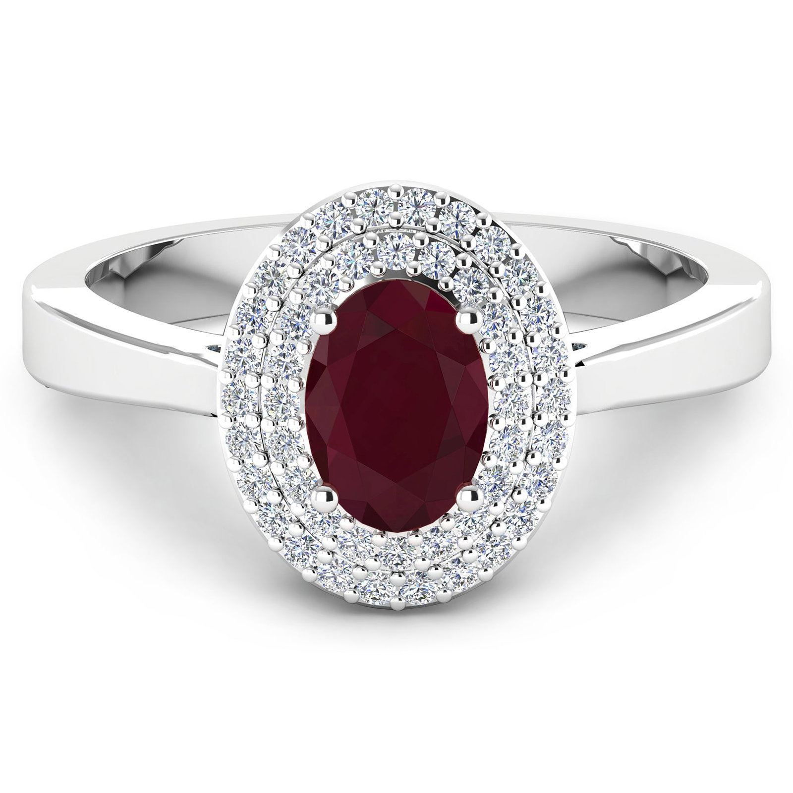 14KT White Gold 0.95ct Ruby and Diamond Ring: Ruby (AA) Oval 7x5mm - 1Pc + White Diamond F/C Round 0.90mm - 46Pcs (I1-I2/I color). Total weight of gemstone is 0.95cts. Total weight of Diamonds is 0.16cts. Total weight of this ring is 2.51 grams. 