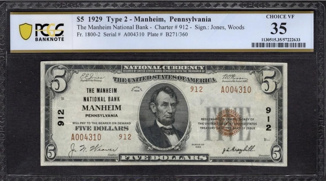 1929 $5 Manheim PA National PCGS 35: One 1929 $5 Manheim PA National PCGS 35.