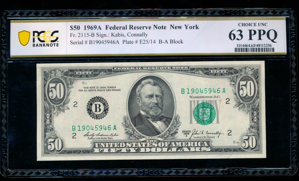 1969A $50 New York FRN PCGS 63PPQ: One 1969A $50 New York FRN PCGS 63PPQ.