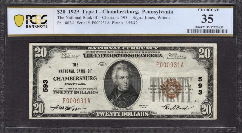 1929 $20 Chambersburg PA National PCGS 35: One 1929 $20 Chambersburg PA National PCGS 35.