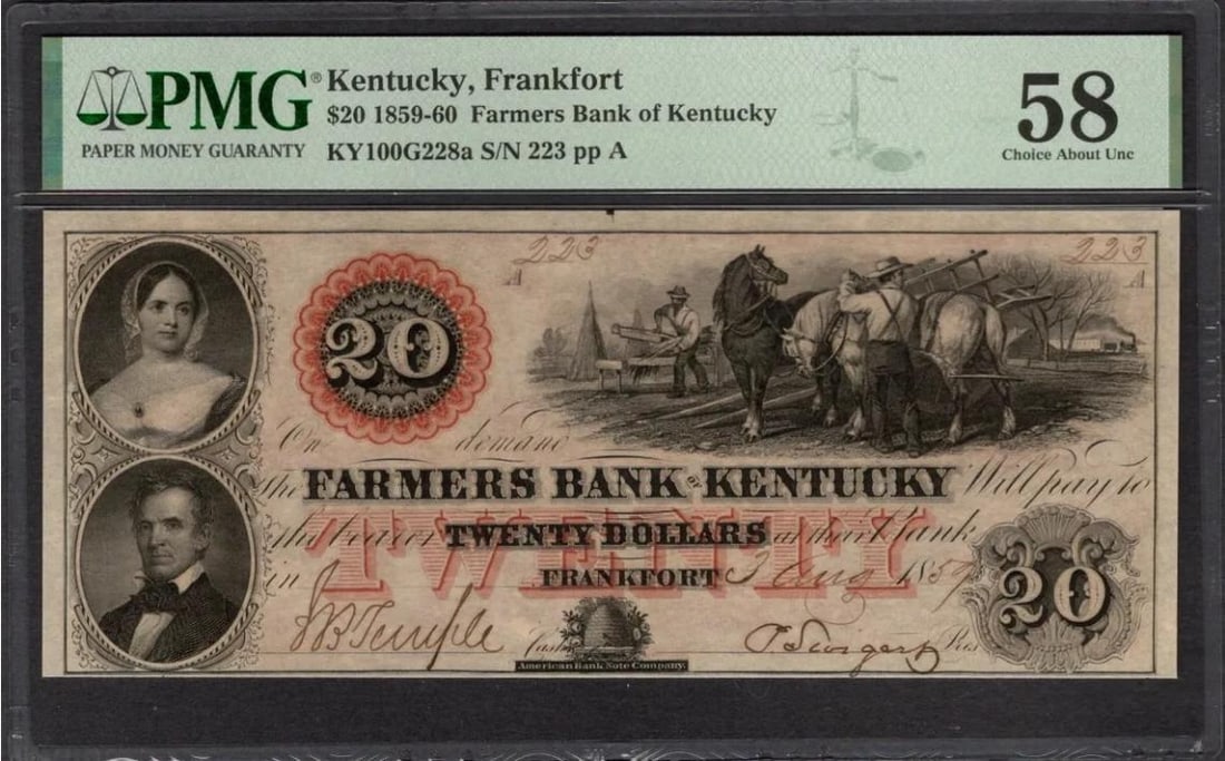 1859 $20 Frankfort KY Obsolete PMG 58: One 1859 $20 Frankfort KY Obsolete PMG 58.