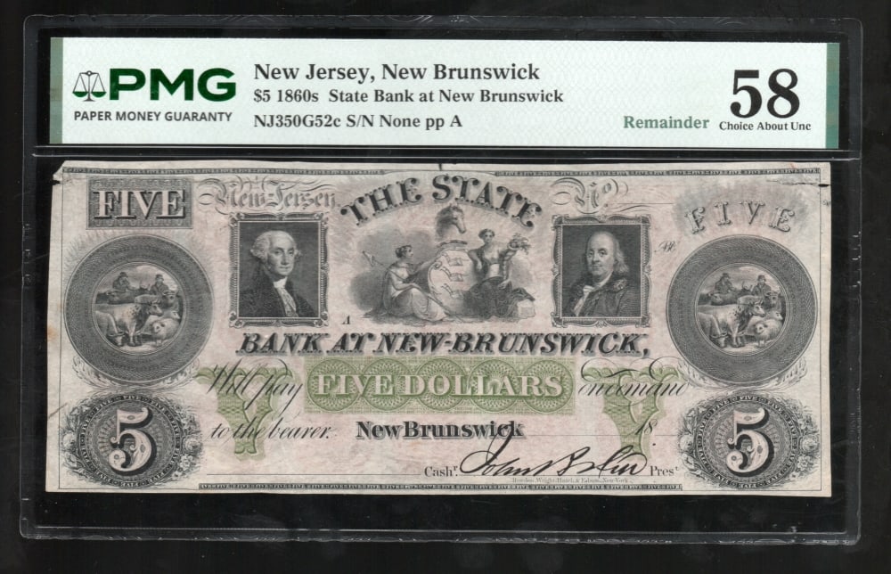 1860s $5 New Brunswick NJ Obsolete PMG 58: One 1860s $5 New Brunswick NJ Obsolete PMG 58.