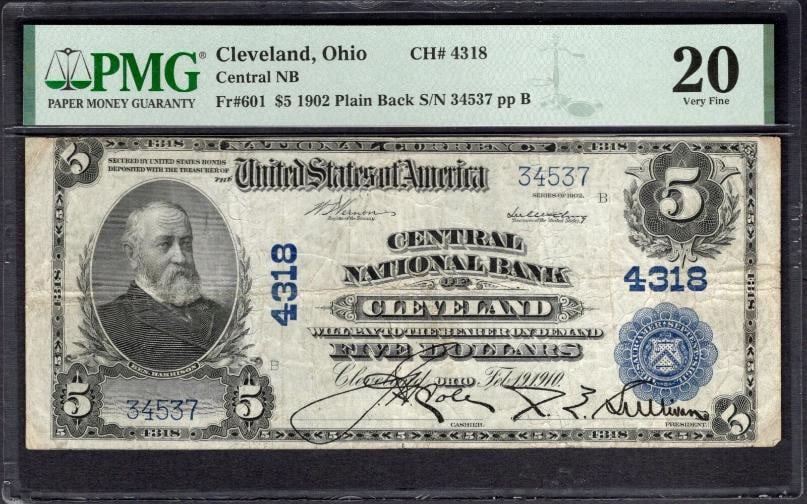 1902 $5 Cleveland OH National PMG 20: One 1902 $5 Cleveland OH National PMG 20.