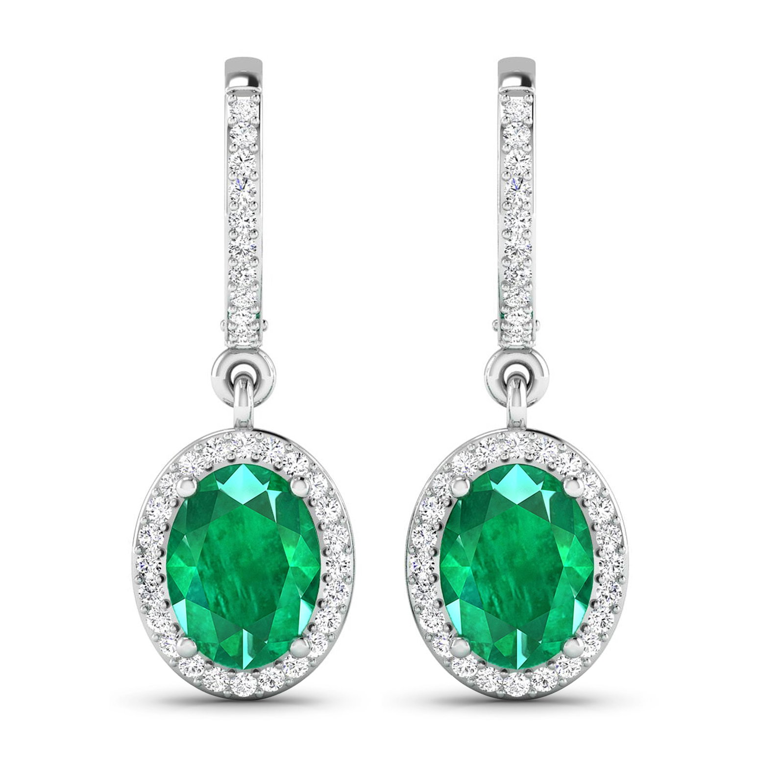 14KT White Gold 2ctw Zambian Emerald and Diamond Earrings: Zambian Emerald (AA) Oval 8x6mm - 2Pcs + White Diamond F/C Round 1.00mm - 70Pcs ( Clip On ) ( I1-I2/I color ) Total weight of gemstones is 2cts. Total Diamond weight is 0.32cts. Total weight of these 
