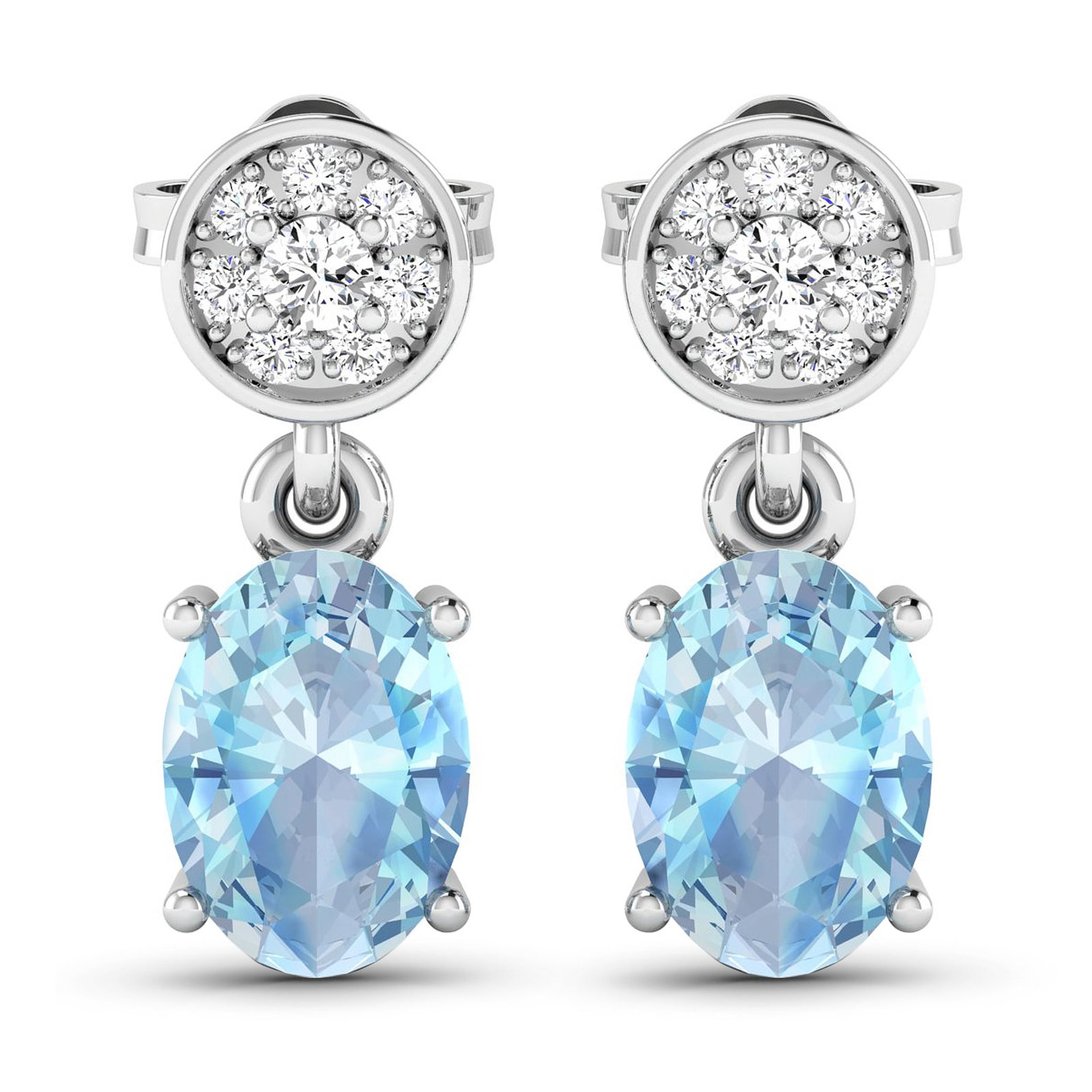 14KT White Gold 1.02ctw Aquamarine and Diamond Earrings: Aquamarine (AA+) Oval 7x5mm - 2Pcs + White Diamond F/C Round 1.80mm - 2Pcs + White Diamond F/C Round 1.00mm - 14Pcs ( Push-Post ) ( I1-I2/I color ) Total weight of gemstones is 1.02cts. Total Diamond 