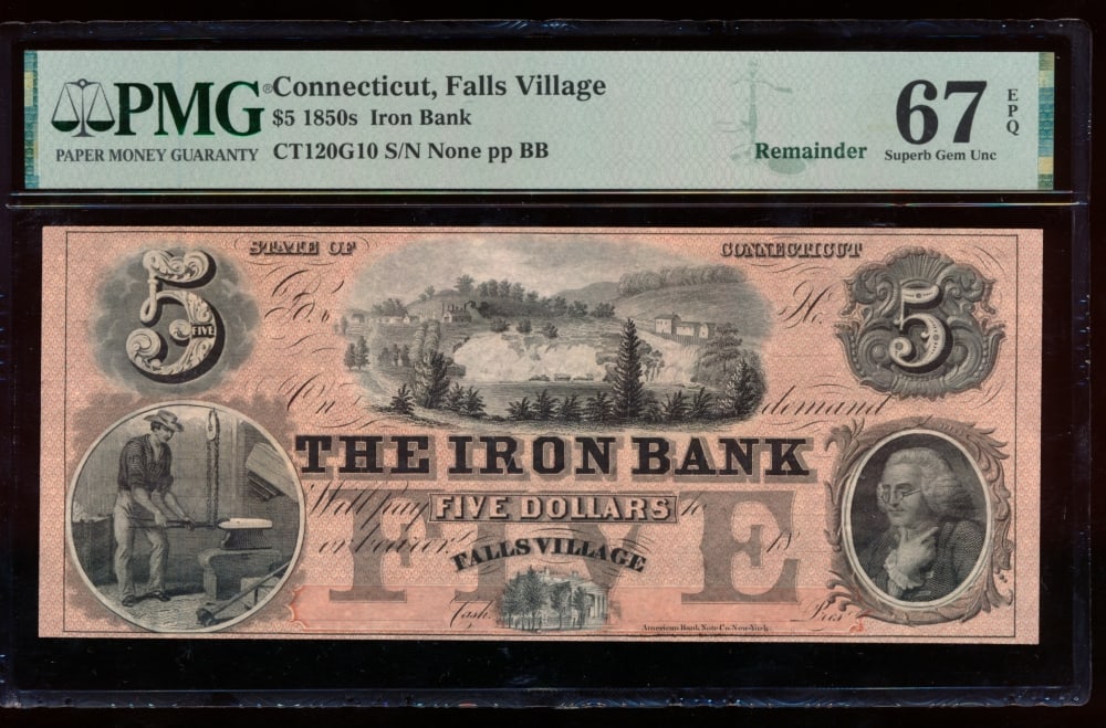 1850s $10 Falls Village CT Obsolete PMG 67EPQ (1 of 2)