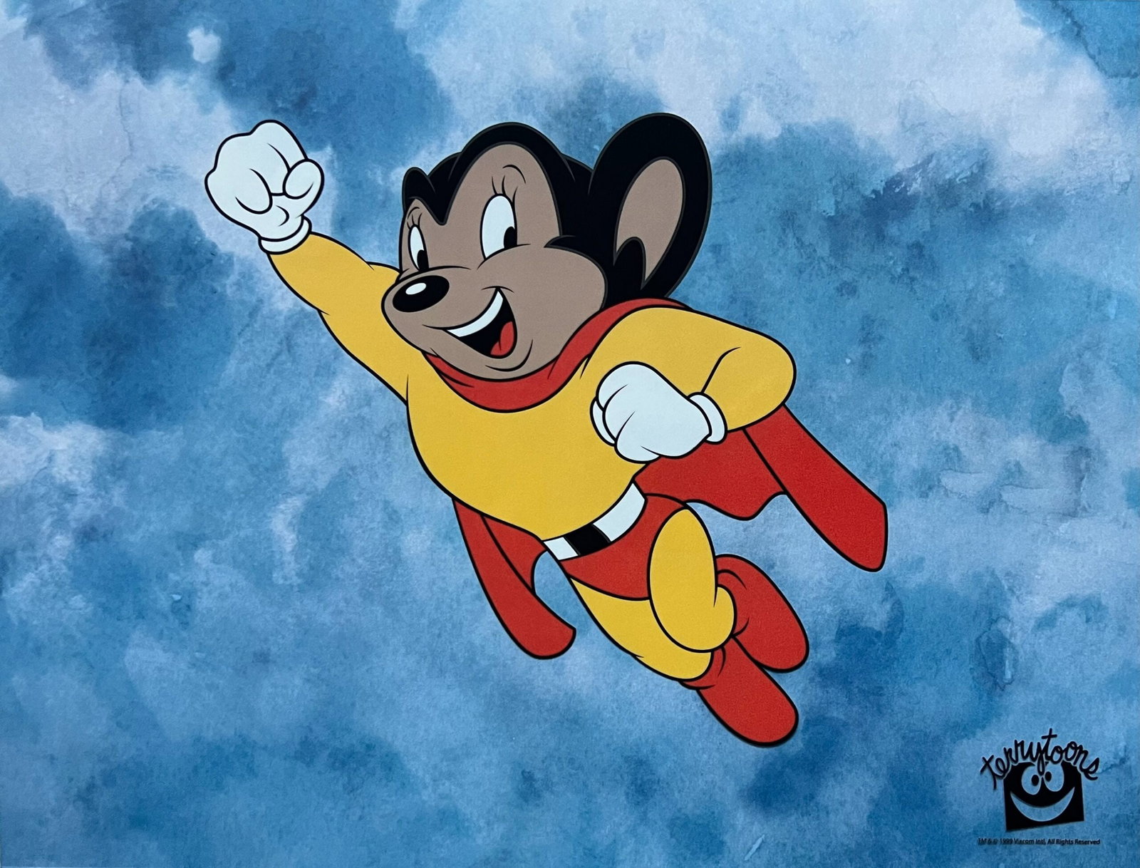 MIGHTY MOUSE TV Cartoon Sericel Animation Art Cel: This is a limited edition sericel of Mighty Mouse titled Here I Come to Save the Day! This sericel features Mighty Mouse as he appeared in the classic animated cartoon series. This Cel measures 11
