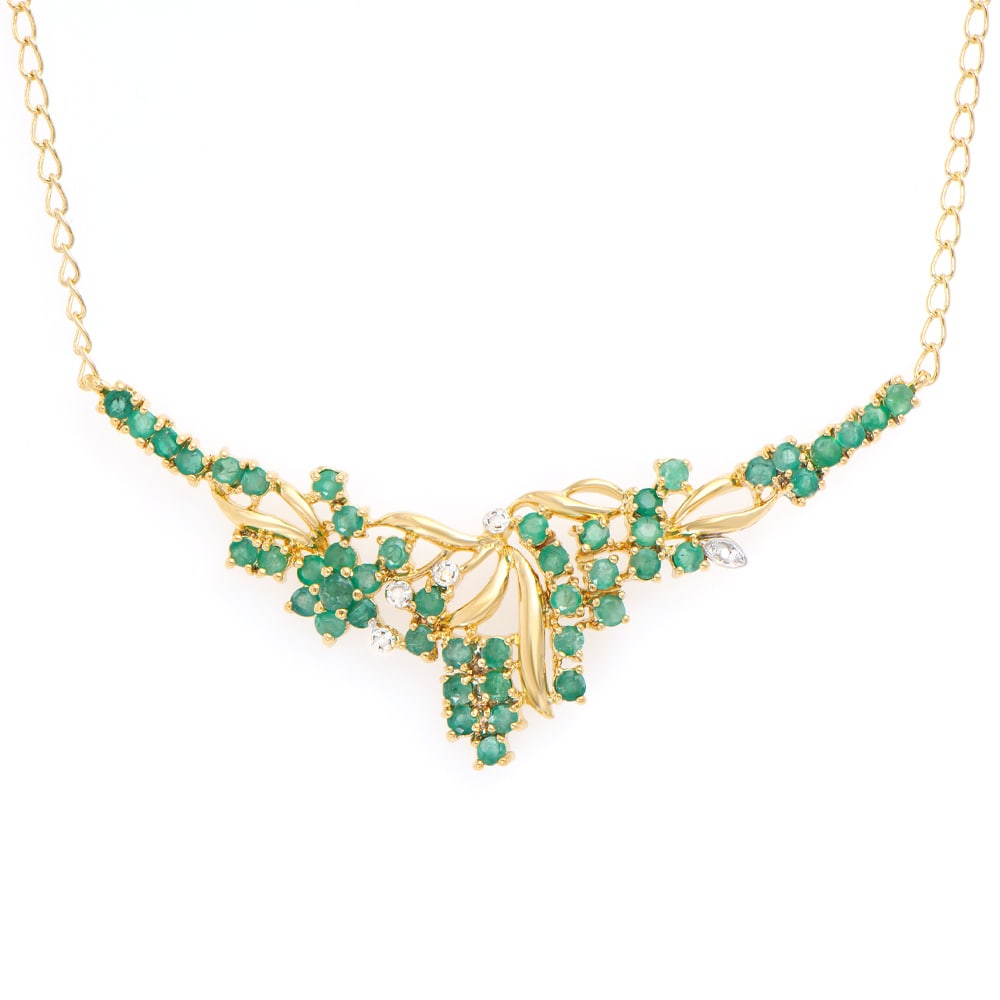 Plated 18KT Yellow Gold 2.55ctw Emerald and Diamond Pendant with Chain: One Plated 18KT Yellow Gold 2.55ctw Emerald and Diamond Pendant with Chain. (47) Emeralds with a total weight of 2.55cts. Diamonds with a total weight of 0.04cts with a color of I-J and clarity of I-3