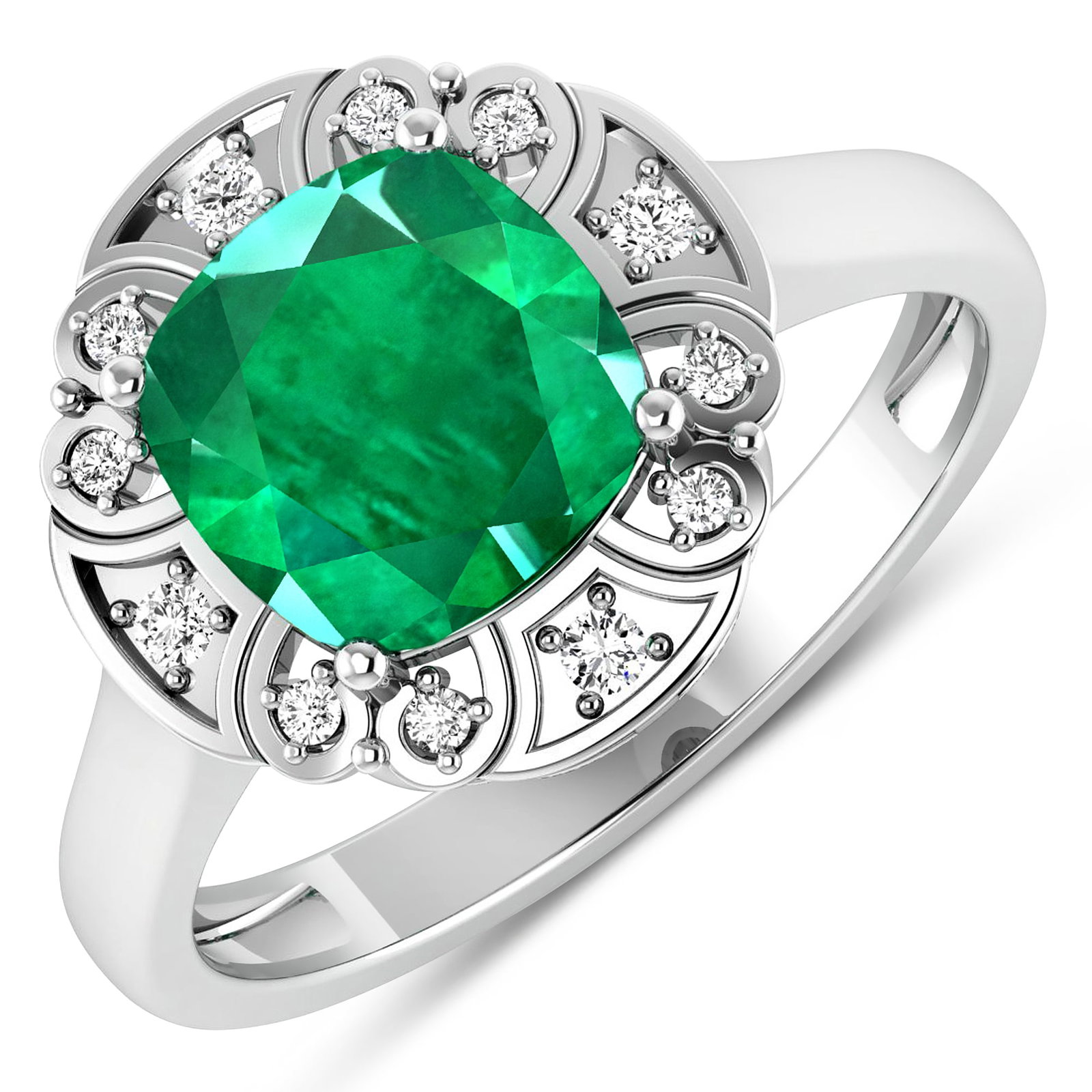 14KT White Gold 2.07ctw Zambian Emerald and Diamond Ring: Zambian Emerald (AA) Cushion 8.00mm - 1Pc + White Diamond F/C Round 1.50mm - 4Pcs + White Diamond F/C Round 1.00mm - 8Pcs ( SI-2/HI ) Total weight of gemstone is 2.07cts. Total Diamond weight is 0.09c