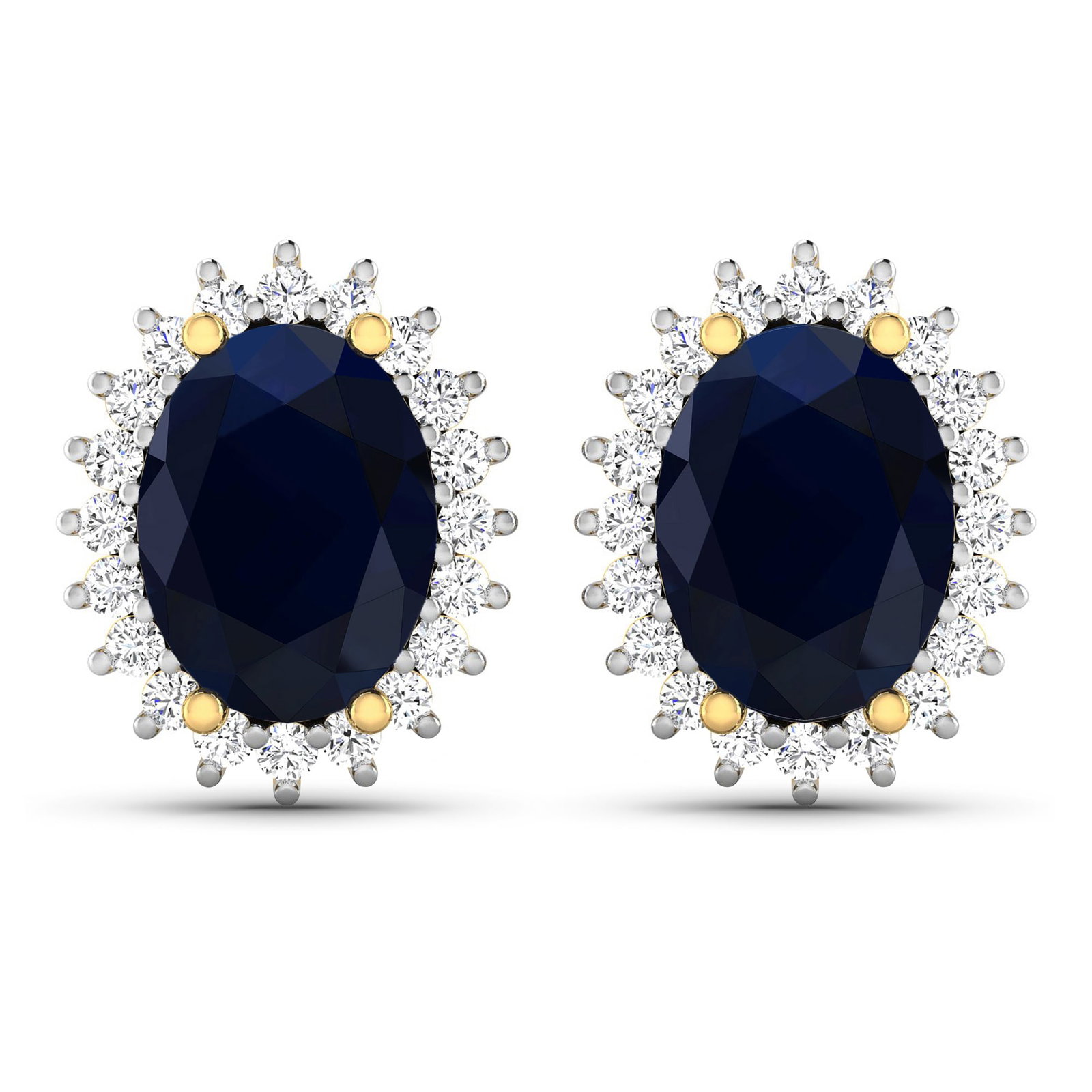 14KT Yellow Gold 2.60ctw Blue Sapphire and Diamond Earrings: (2) Blue Sapphires with a total weight of 2.60cts. (40) Diamonds with a 0.26cts. Blue Sapphire (AA) Oval 8x6mm - 2Pcs + White Diamond F/C Round 1.10mm - 40Pcs (I1-I2/I color). Total weight of these ea