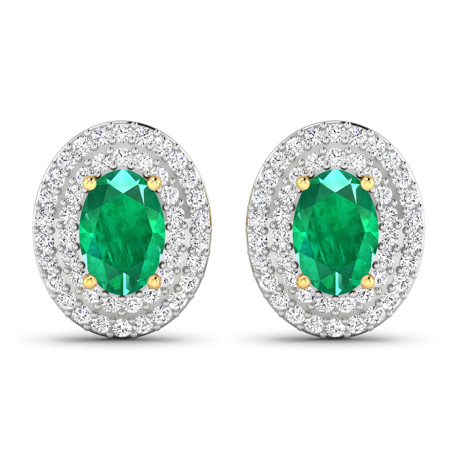 14KT Yellow Gold 0.76ctw Zambian Emerald and Diamond Earrings: Zambian Emerald (AA) Oval 6x4mm - 2Pcs + White Diamond F/C Round 0.90mm - 90Pcs (I1-I2/I color) ( Push Post ) Total weight of gemstones is 0.76cts. Total Diamond weight is 0.31cts. Total weight of