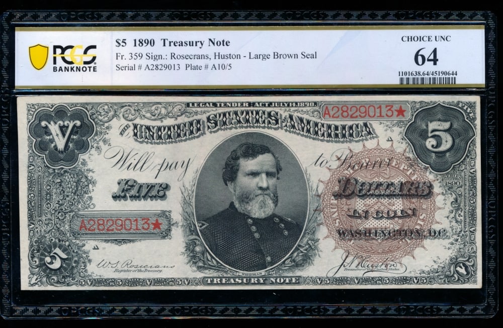 1890 $5 Treasury Note PCGS 64: One 1890 $5 Treasury Note PCGS 64.