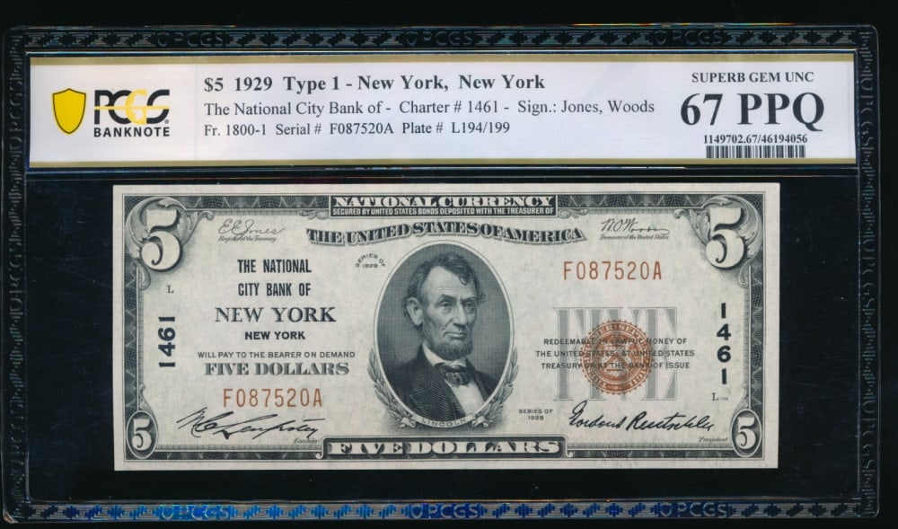 1929 $5 New York NY National PCGS 67PPQ: One 1929 $5 New York NY National PCGS 67PPQ.