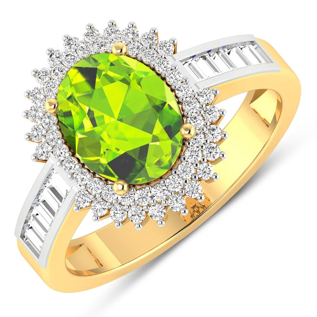 14KT Yellow Gold 1.6ctw Peridot and Diamond Ring: Peridot Oval 9x7mm - 1Pc + White Diamond Baguette 2.00x1.50mm - 10Pcs + White Diamond F/C Round 1.00mm - 52Pcs ( White Pan Rhodium ) ( SI-2/HI ) Total weight of gemstone is 1.6cts. Total Diamond weigh