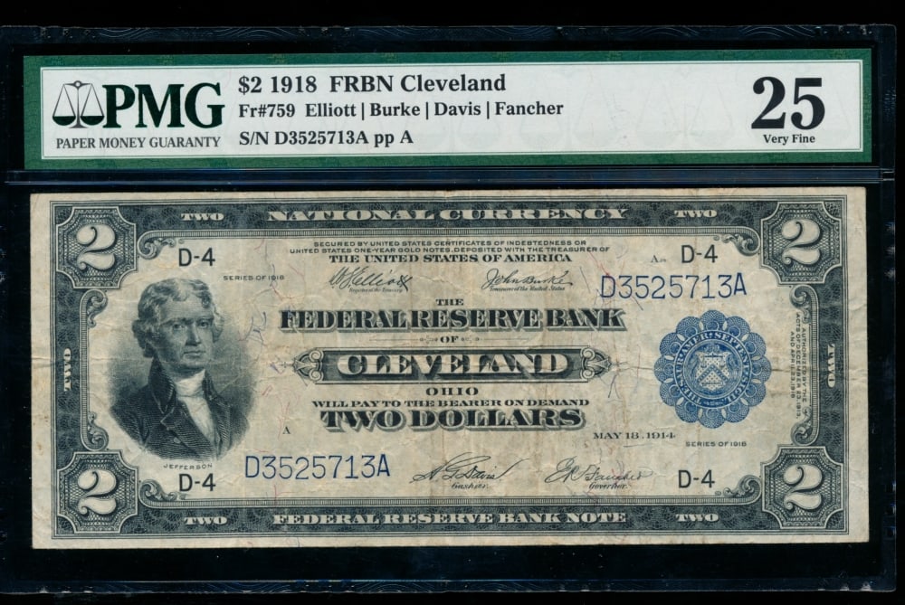 1918 $2 Cleveland FRBN PMG 25 (1 of 2)