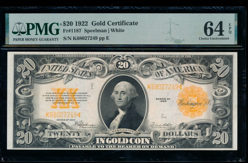 1922 $20 Gold Certificate PMG 64EPQ (1 of 2)
