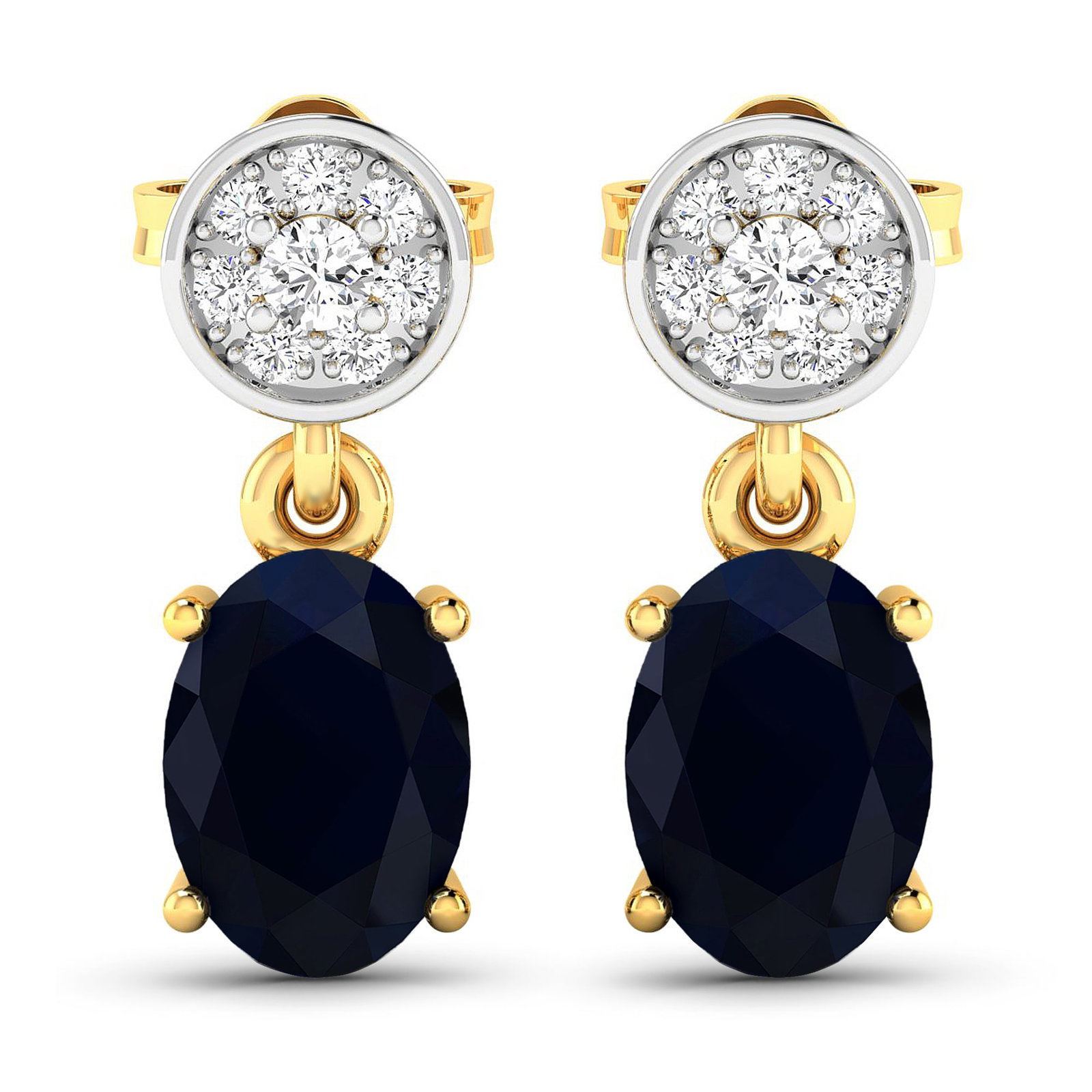 14KT Yellow Gold 1.5ctw Blue Sapphire and Diamond Earrings: Blue Sapphire (AA) Oval 7x5mm - 2Pcs + White Diamond F/C Round 1.80mm - 2Pcs + White Diamond F/C Round 1.00mm - 14Pcs ( Push-Post ) ( White Pan Rhodium ) ( I1-I2/I color ) Total weight of gemstones is