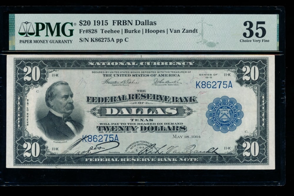 1915 $20 Dallas FRBN PMG 35: One 1915 $20 Dallas FRBN PMG 35.