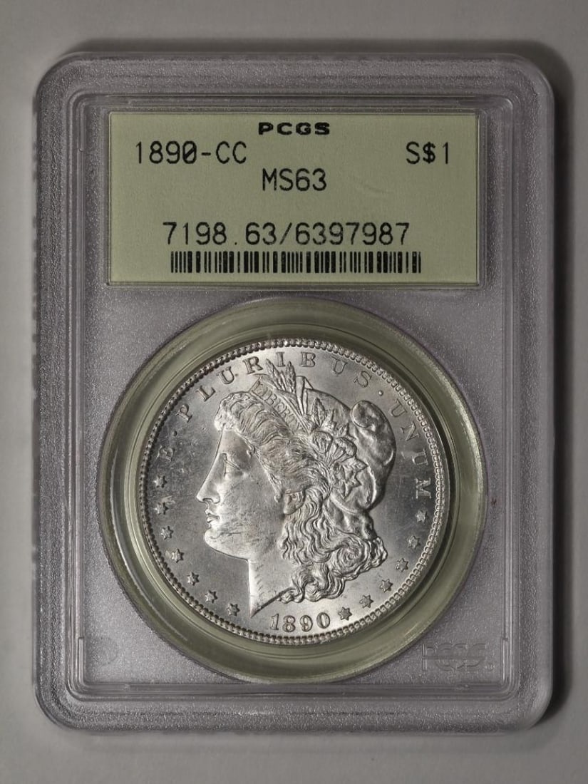1890-CC $1 Morgan Silver Dollar PCGS MS63: One 1890-CC $1 Morgan Silver Dollar PCGS MS63.