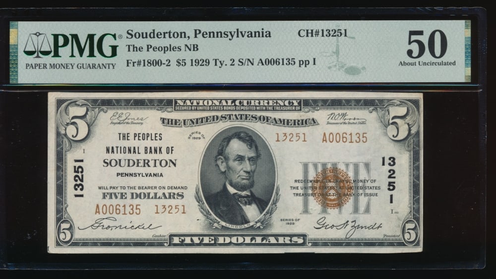 1929 $5 Souderton PA National PMG 50: One 1929 $5 Souderton PA National PMG 50>