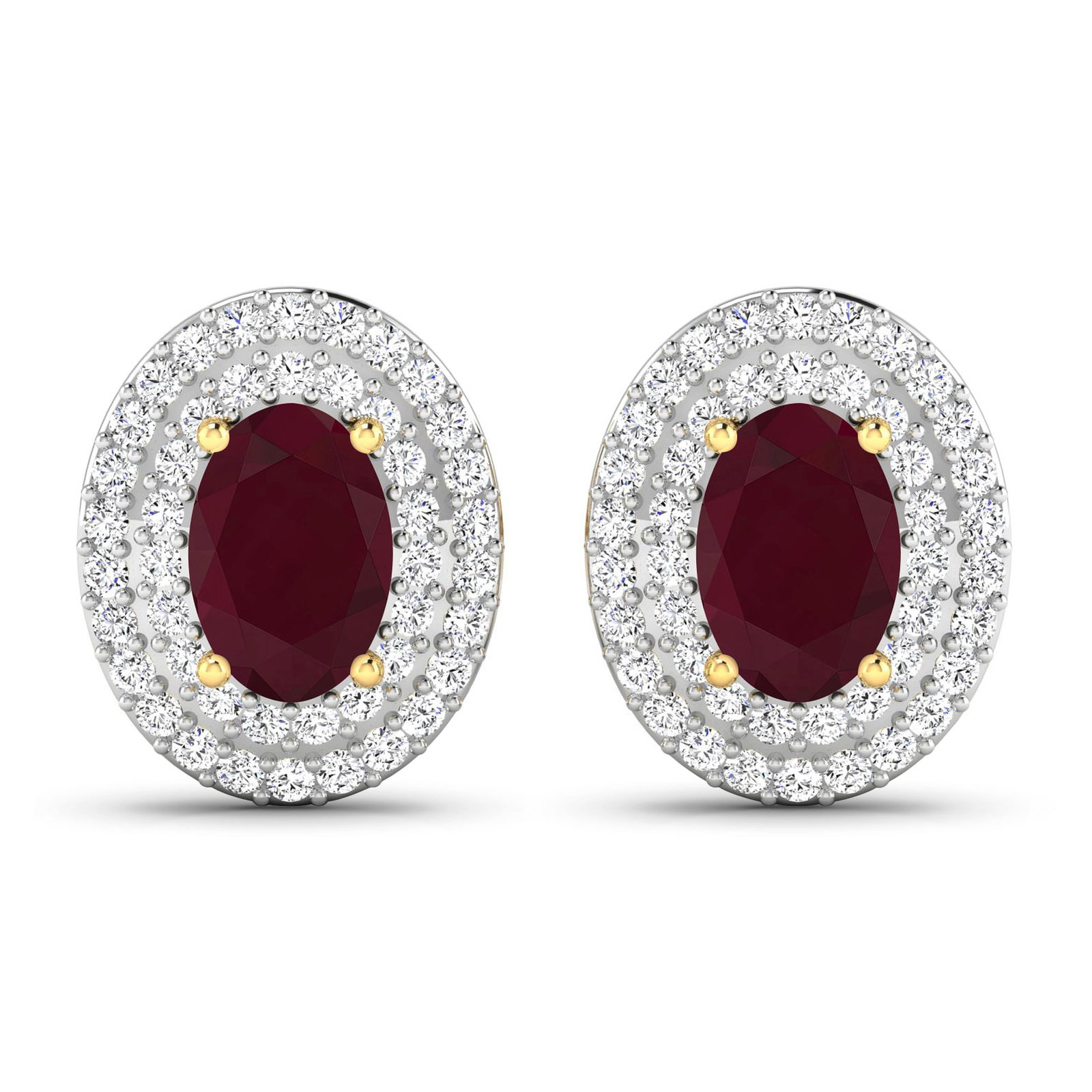 14KT Yellow Gold 1.12ctw Ruby and Diamond Earrings: Ruby (AA) Oval 6x4mm - 2Pcs + White Diamond F/C Round 0.90mm - 90Pcs ( White Pan Rhodium ) (I1-I2/I color) ( Push Post ) Total weight of gemstones is 1.12cts. Total Diamond weight is 0.31cts. Total we