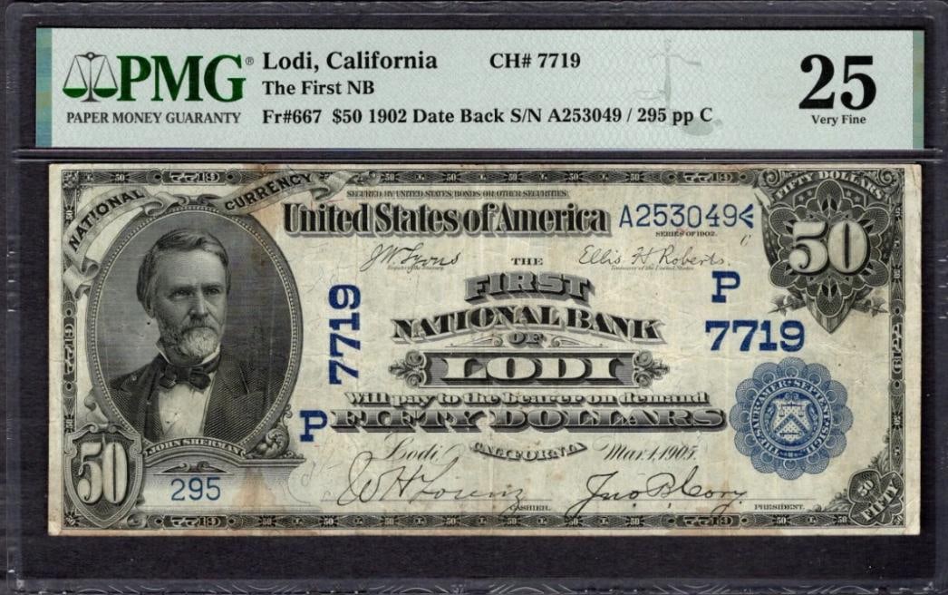 1902 $50 Lodi CA National PMG 25: One 1902 $50 Lodi CA National PMG 25.
