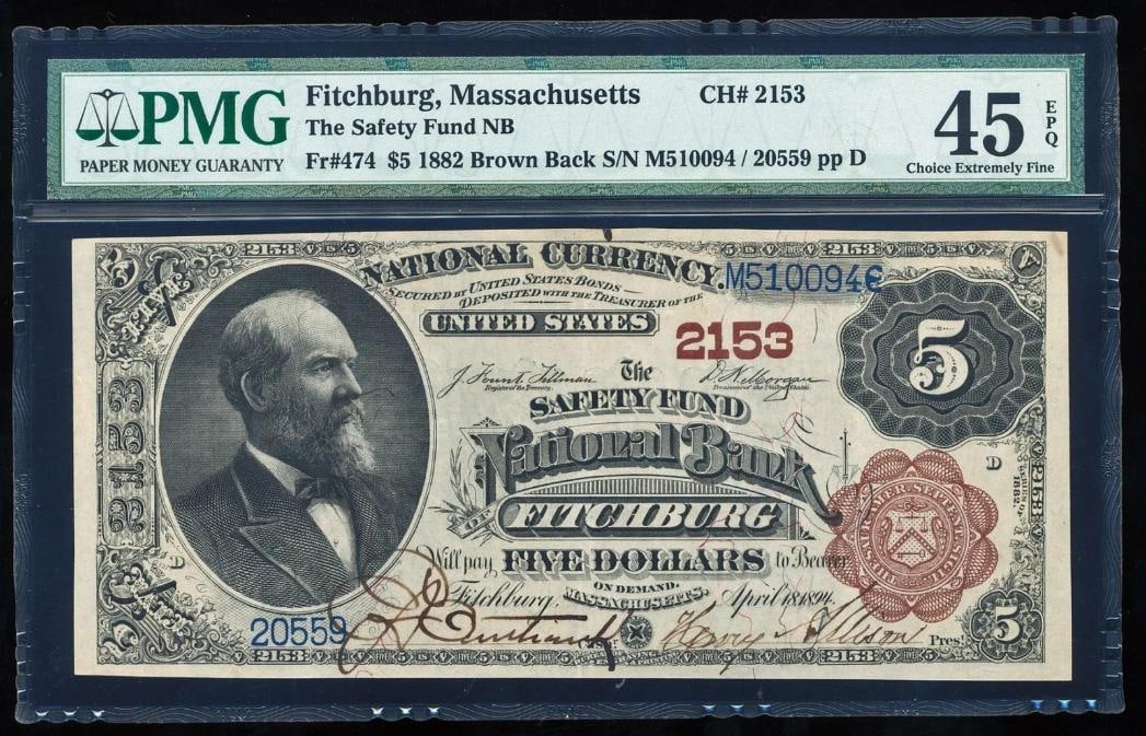 1882 $5 Fitchburg MA National PMG 45EPQ: One 1882 $5 Fitchburg MA National PMG 45EPQ.