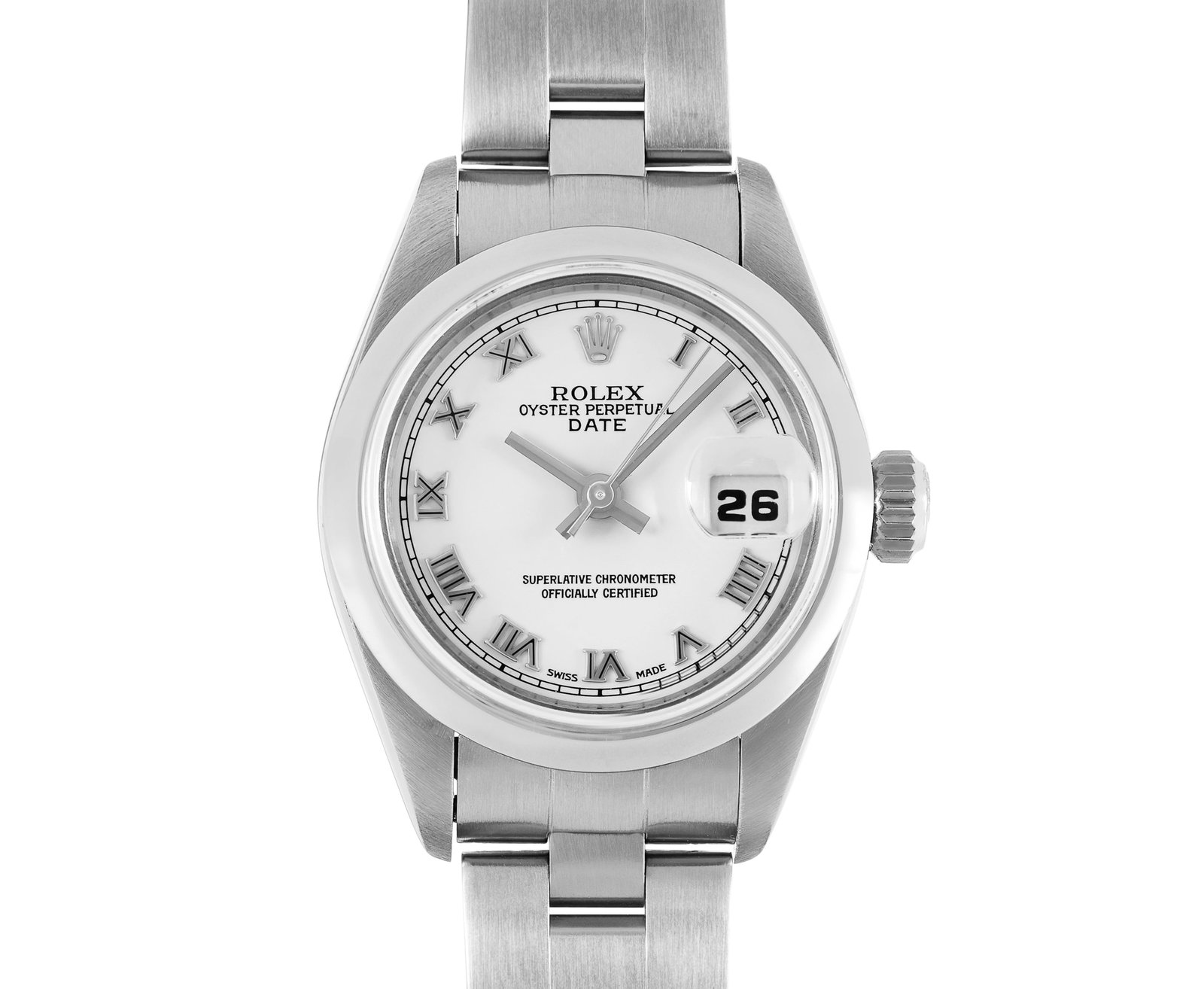 Rolex Ladies Stainless Steel White Roman Dial Smooth Bezel Quickset Date Watch: This Lady Rolex Quickset Sapphire Date watch features a white dial with roman hour markers and a sapphire crystal, with a magnified date window. The timepiece has a Rolex stainless steel smooth bezel.