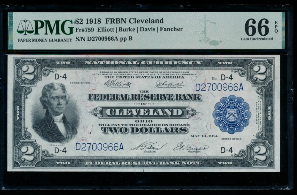 1918 $2 Cleveland FRBN PMG 66EPQ (1 of 2)