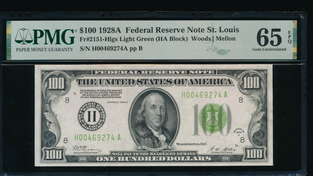 1928A $100 St Louis FRN PMG 65EPQ: One 1928A $100 St Louis FRN PMG 65EPQ.