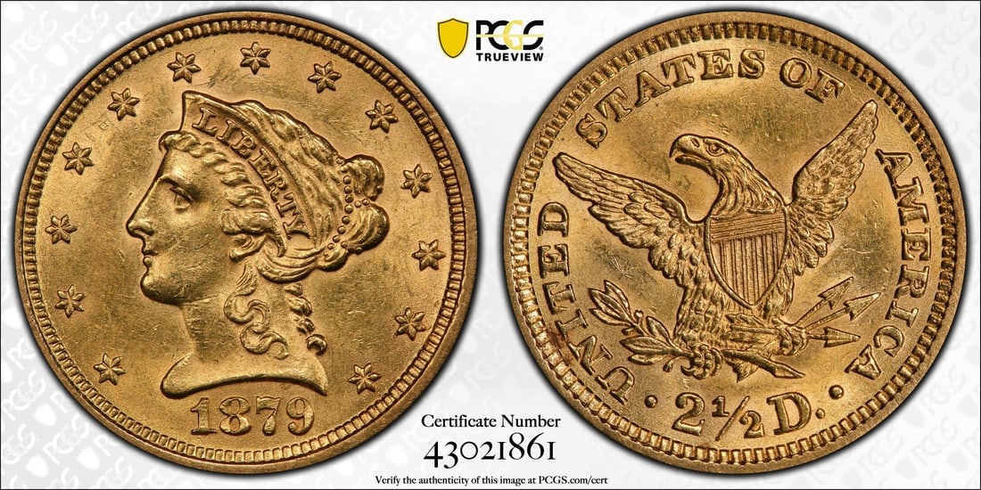 1879 $2.5 Liberty Head Quarter Eagle Gold Coin PCGS AU58: One 1879 $2.5 Liberty Head Quarter Eagle Gold Coin PCGS AU58.