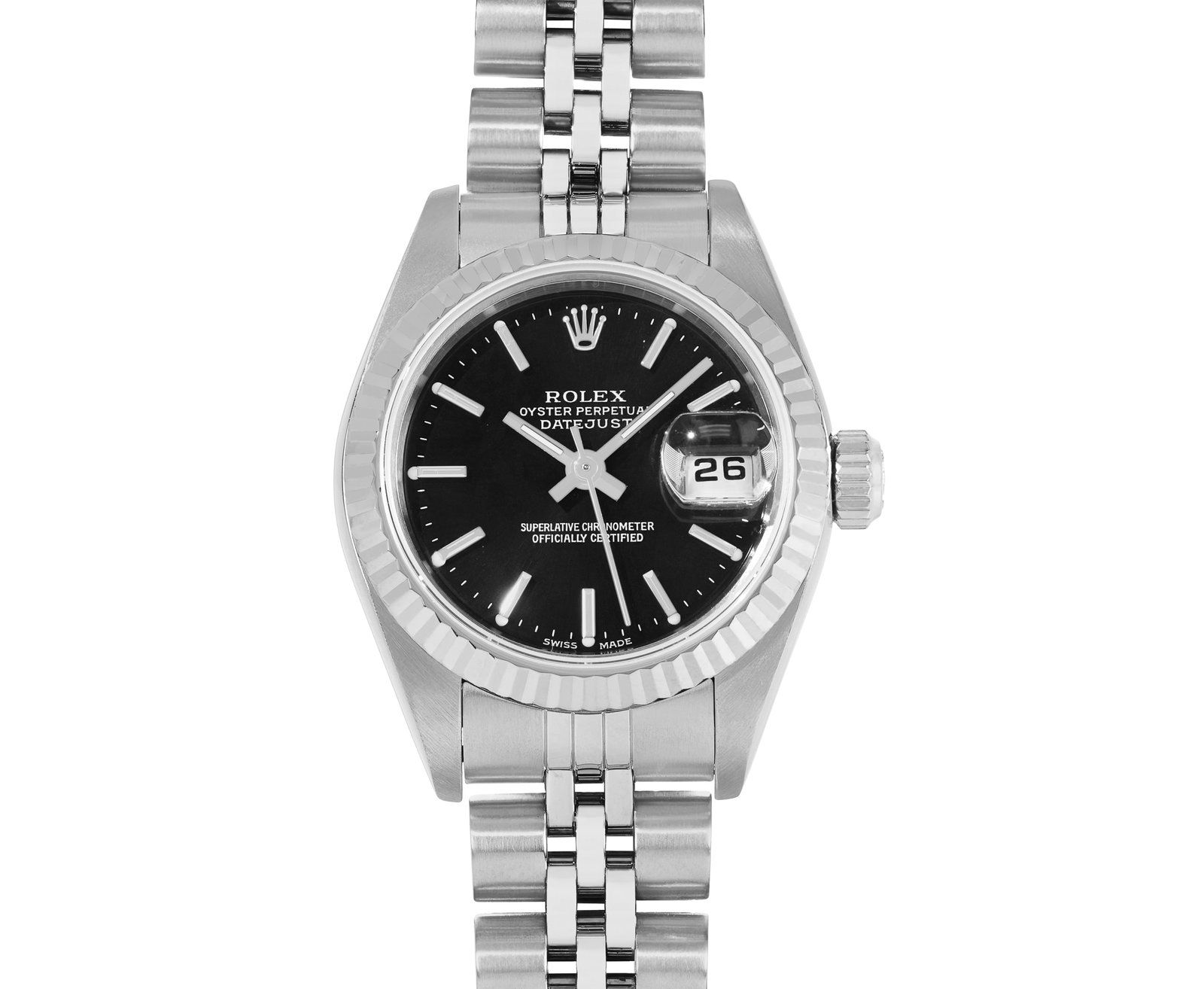 Rolex Ladies Stainless Steel Black Index 18K White Gold Fluted Quickset Datejust Watch: This Lady Rolex Quickset Datejust watch features a black dial with index hour markers and a sapphire crystal, with a magnified date window. The timepiece has a Rolex 18k white gold fluted bezel. The R