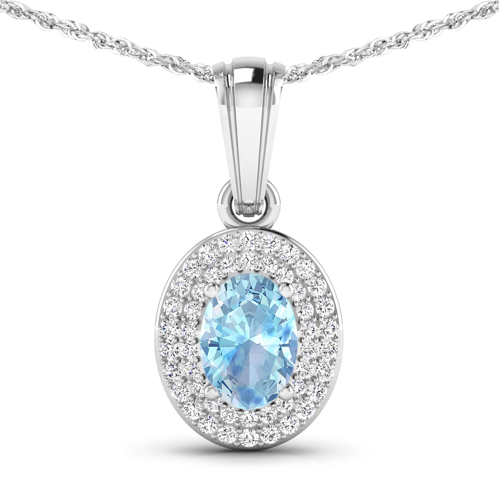14KT White Gold 0.51ctw Aquamarine and Diamond Pendant: Aquamarine Oval 7x5mm - 1Pc + White Diamond F/C Round 0.90mm - 48Pcs (I1-I2/I color) Total weight of gemstone is 0.51cts. Total Diamond weight is 0.16cts. Total weight of this pendant is 1.39 grams.