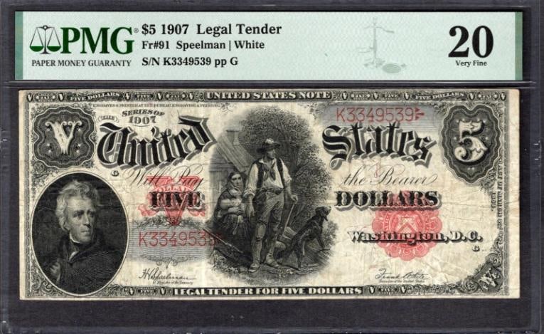 1907 $5 Legal Tender Note PMG 20: One 1907 $5 Legal Tender Note PMG 20.