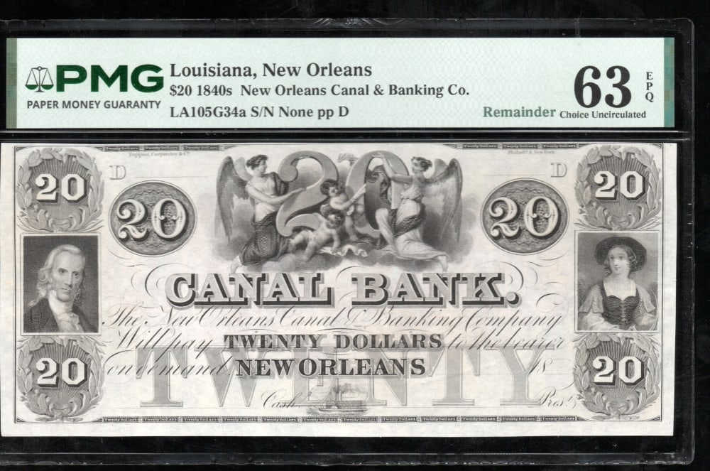 1850s $20 New Orleans LA Obsolete PMG 63EPQ: One 1850s $20 New Orleans LA Obsolete PMG 63EPQ.