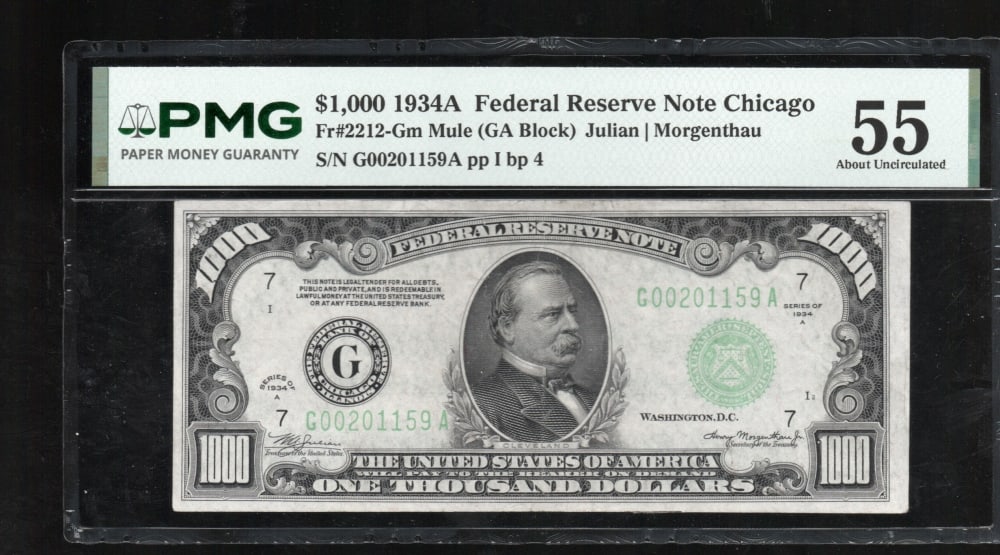 1934A $1000 Chicago FRN PMG 55: One 1934A $1000 Chicago FRN PMG 55.