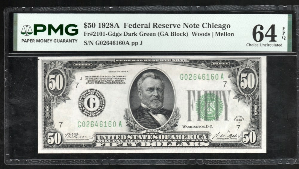 1928A $50 Chicago FRN PMG 64EPQ: One 1928A $50 Chicago FRN PMG 64EPQ.