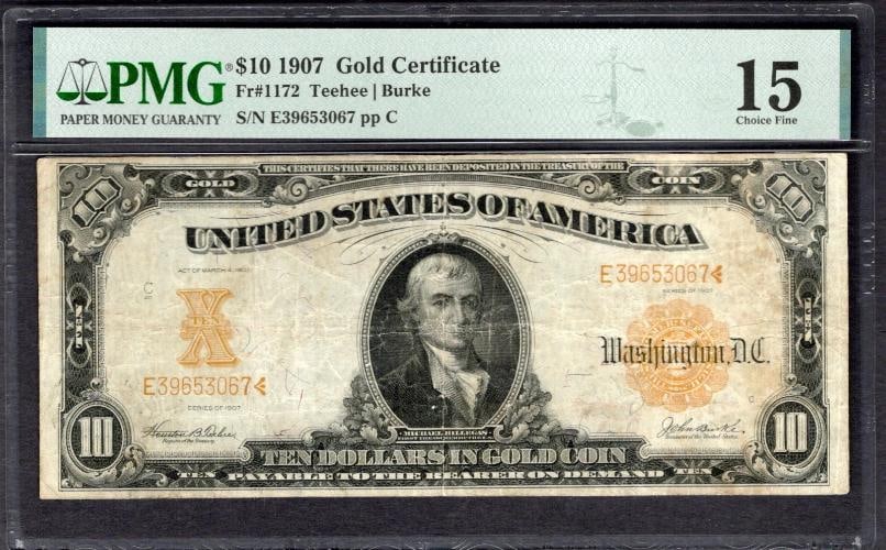1907 $10 Gold Certificate PMG 15: One 1907 $10 Gold Certificate PMG 15.