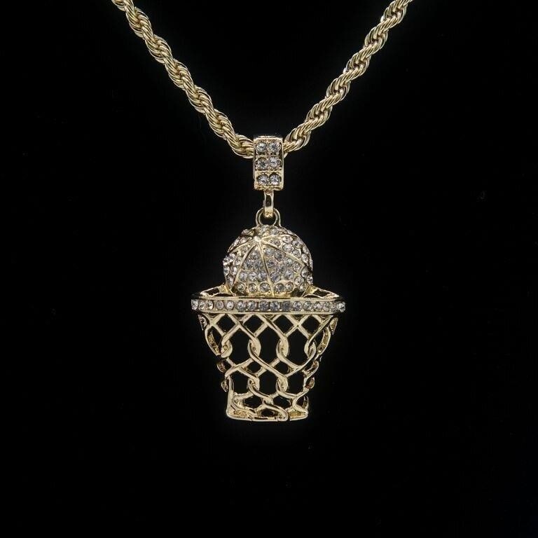 Plated 14KT Yellow Gold Basketball Hoop Pendant Necklace: 14 Kt Yellow Gold Plated Basketball Hoop Pendant Necklace. This Pendant Includes A 14 Kt Gold Plated 4 mm 24 " Rope Chain. Approx Total Gram Wt. including the 24" rope chain and pendant. is 35.5.