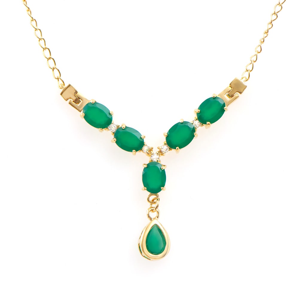 Plated 18KT Yellow Gold 6.10ctw Green Agate and White Topaz Pendant with Chain: One Plated 18KT Yellow Gold 6.10ctw Green Agate and White Topaz Pendant with Chain. (6) Green Agate stones with a total weight of 6.10cts. White Topaz stones with a total weight of 0.25cts. Total weig