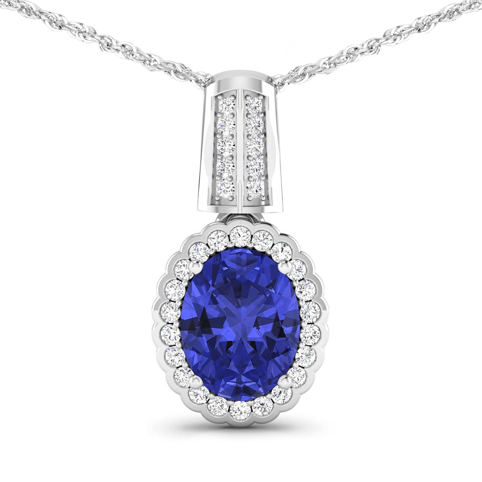 14KT White Gold 1.6ctw Tanzanite and Diamond Pendant: Tanzanite (AA+) Oval 9x7mm - 1Pc + White Diamond F/C Round 1.20mm - 22Pcs + White Diamond F/C Round 1.00mm - 10Pcs ( I1-I2/I color ) Total weight of gemstone is 1.6cts. Total Diamond weight is 0.22cts