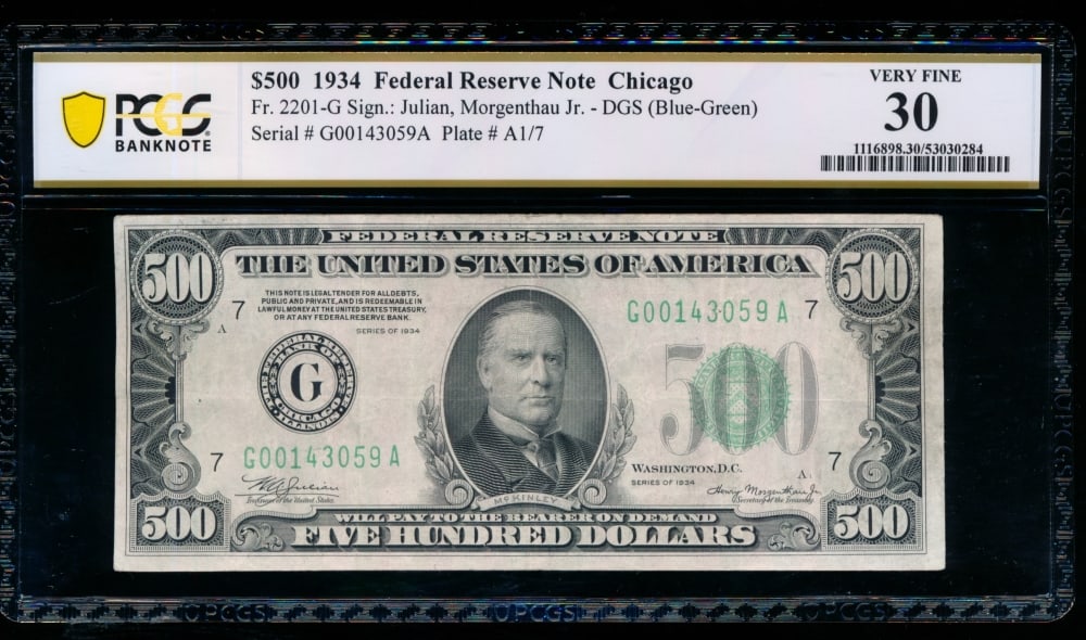 1934 $500 Chicago FRN PCGS 30: One 1934 $500 Chicago FRN PCGS 30.