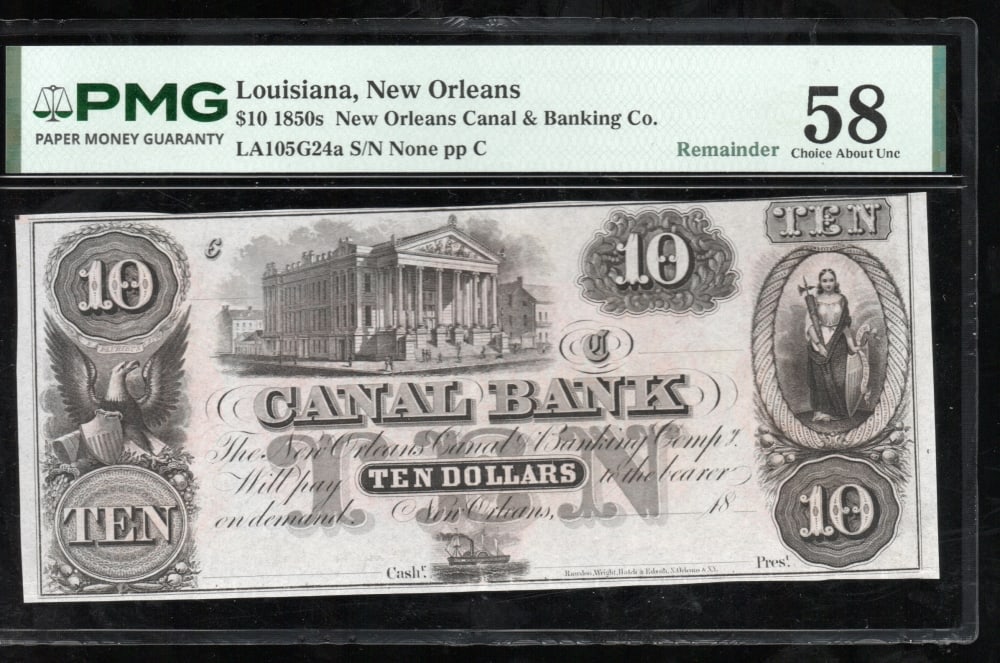 1850s $10 New Orleans LA Obsolete PMG 58 (1 of 2)