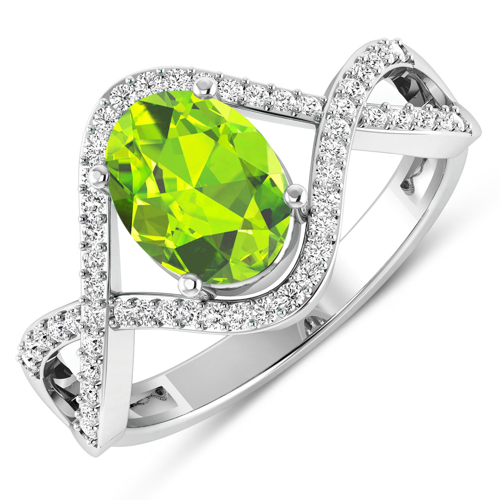 14KT White Gold 1.05ctw Peridot and Diamond Ring: Peridot Oval 8x6mm - 1Pc + White Diamond F/C Round 1.00mm - 52Pcs ( I1-I2/I color ) Total weight of gemstone is 1.05cts. Total Diamond weight is 0.24cts. Total weight of this ring is 2.69 grams. Ring 
