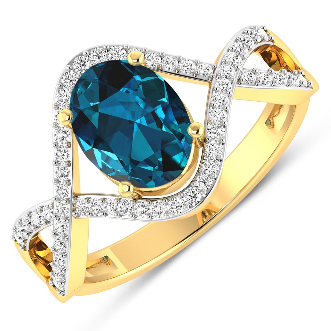 14KT Yellow Gold 1.1ctw London Blue Topaz and Diamond Ring: London Blue Topaz Oval 8x6mm - 1Pc + White Diamond F/C Round 1.00mm - 52Pcs ( White Pan Rhodium ) (I1-I2/I color) Total weight of gemstone is 1.1cts. Total Diamond weight is 0.24cts. Total weight of t
