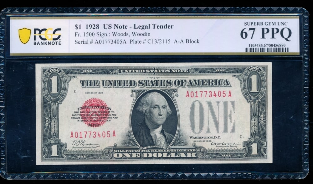 1928 $1 Legal Tender Note PCGS 67PPQ: One 1928 $1 Legal Tender Note PCGS 67PPQ.