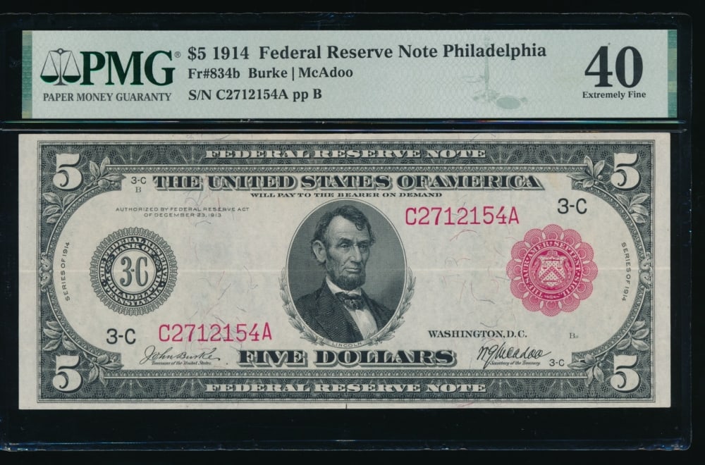 1914 $5 Red Seal Philadelphia FRN PMG 40: One 1914 $5 Red Seal Philadelphia FRN PMG 40.