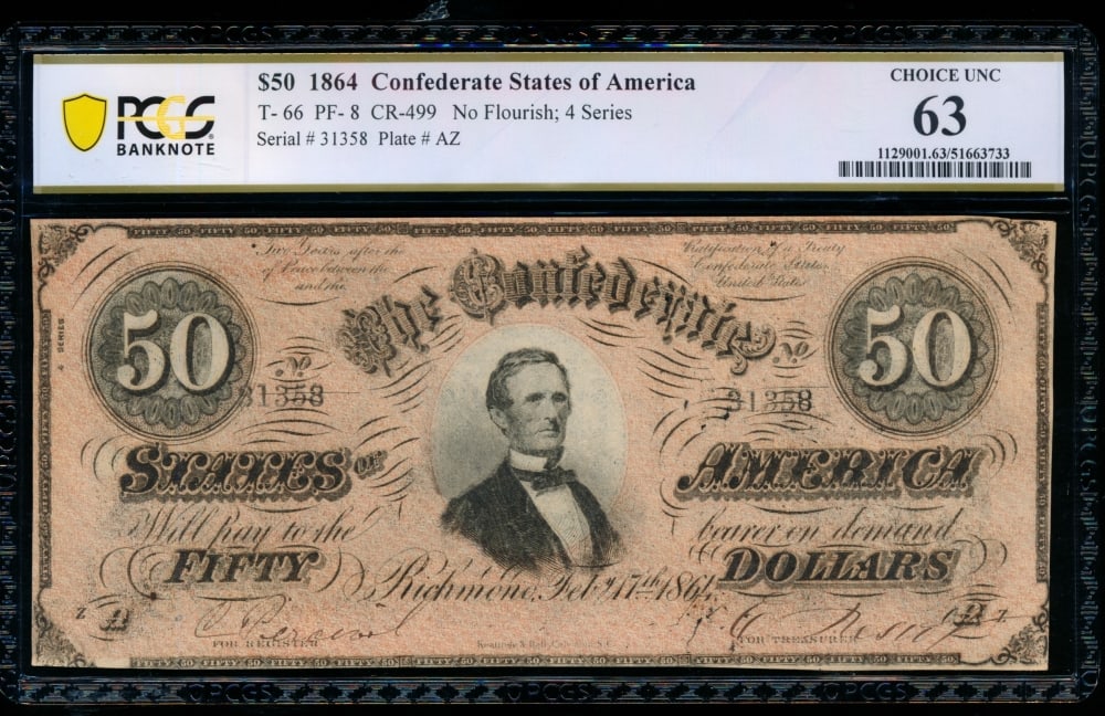 1864 $50 T-66 Confederate PCGS 63: One 1864 $50 T-66 Confederate PCGS 63.